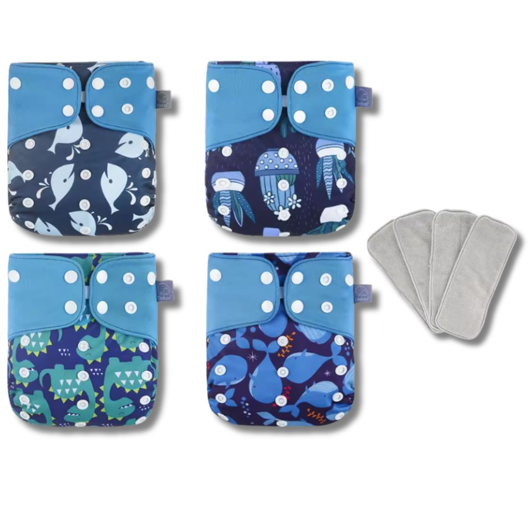 Lot 4 Couches Lavables Bébé + 4 Inserts – Écologiques & Ajustables 3-15kg