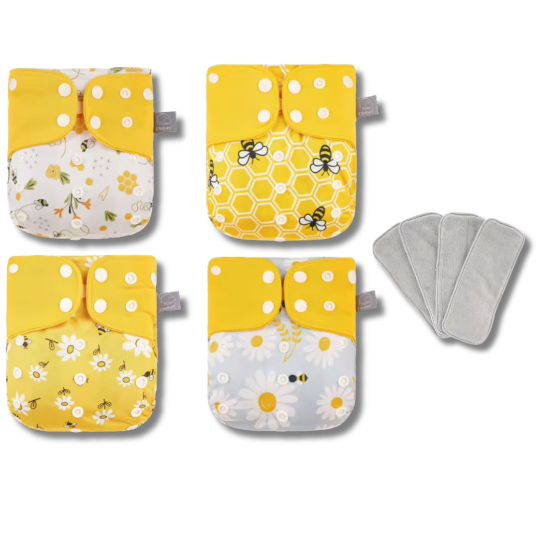 Lot 4 Couches Lavables Bébé + 4 Inserts – Écologiques & Ajustables 3-15kg