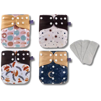 Lot 4 Couches Lavables Bébé + 4 Inserts – Écologiques & Ajustables 3-15kg
