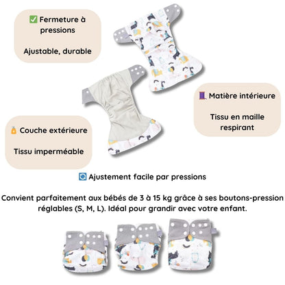 Lot 4 Couches Lavables Bébé + 4 Inserts – Écologiques & Ajustables 3-15kg